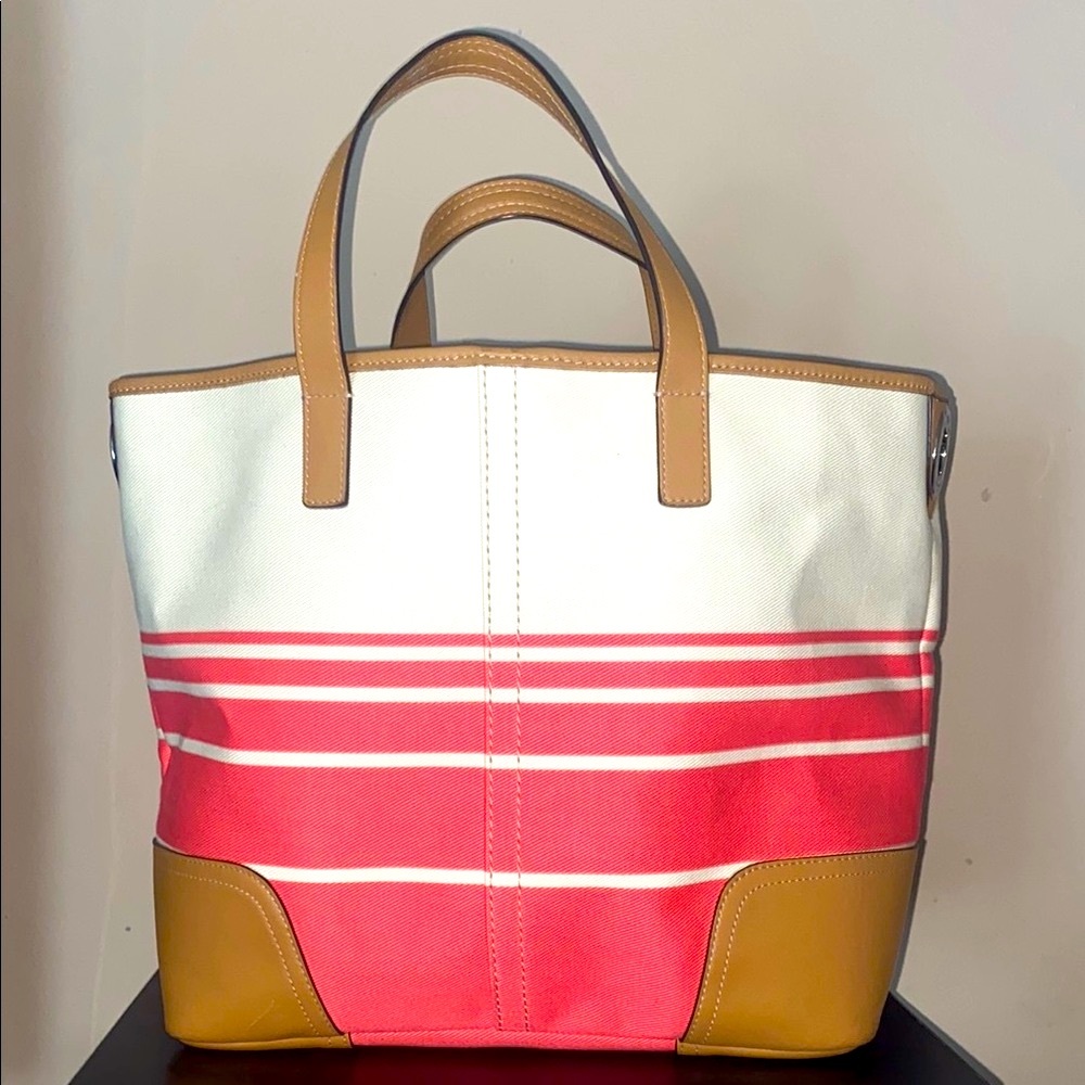 Coach Brown & Coral  Striped Tote Bag EUC